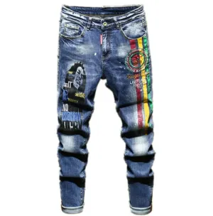 New Casual Embroidery Printed Men's Jeans Denim Straight Pants