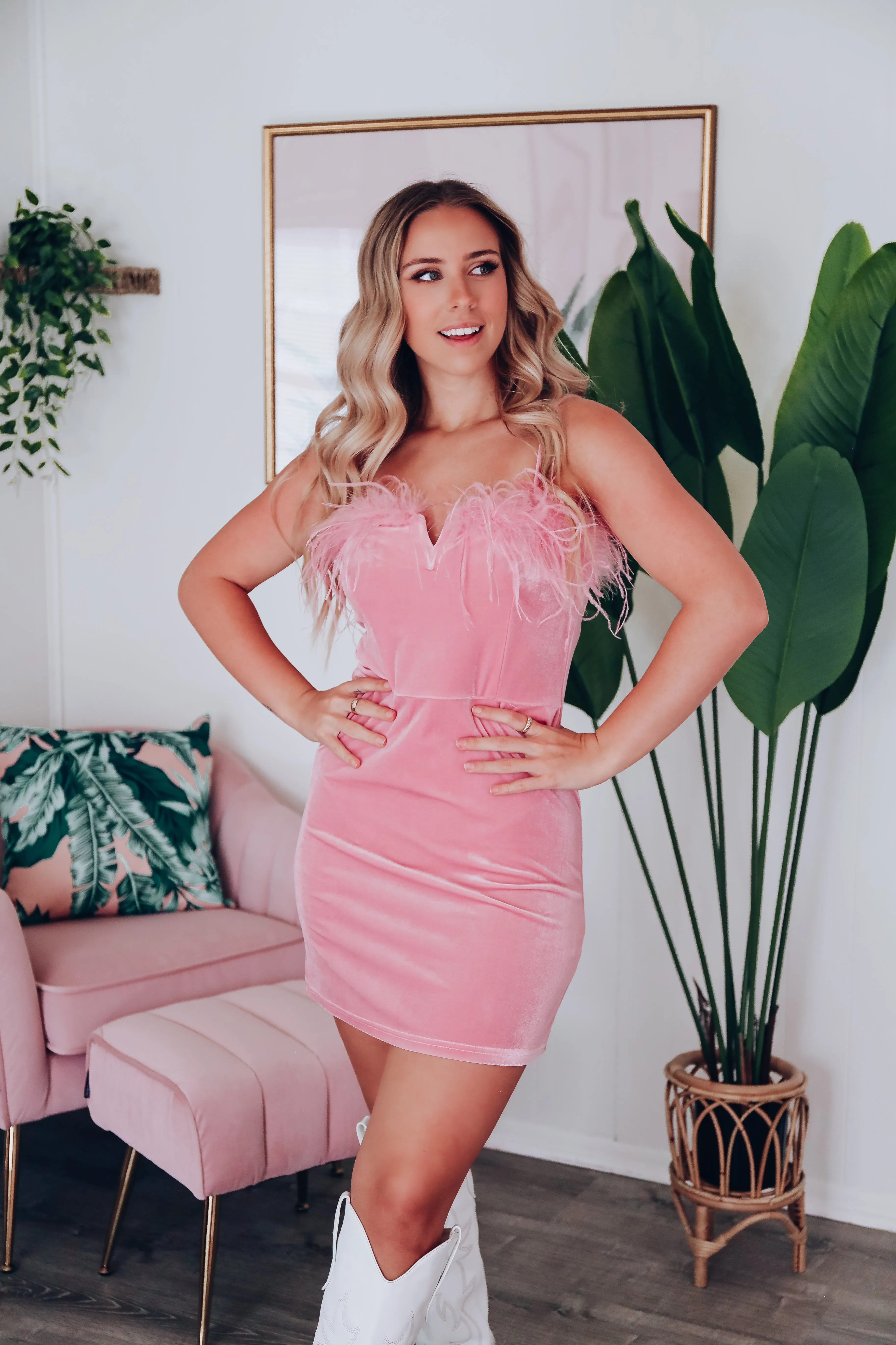 Norma Jean Velvet Boa Dress - Pink