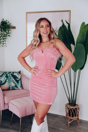 Norma Jean Velvet Boa Dress - Pink