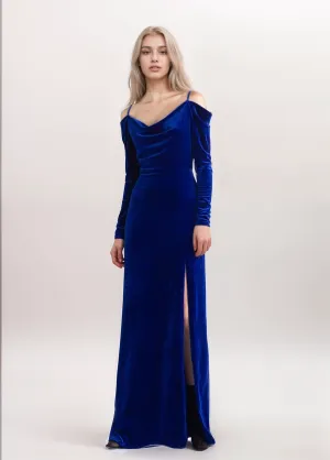 Off-the-Shoulder Long Sleeves Sheath Velvet Prom Dress with Side Slit