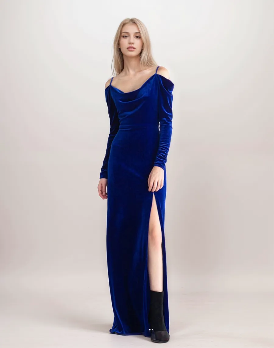 Off-the-Shoulder Long Sleeves Sheath Velvet Prom Dress with Side Slit