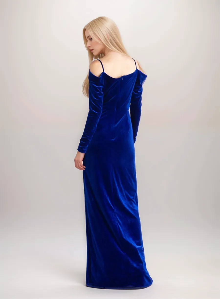 Off-the-Shoulder Long Sleeves Sheath Velvet Prom Dress with Side Slit