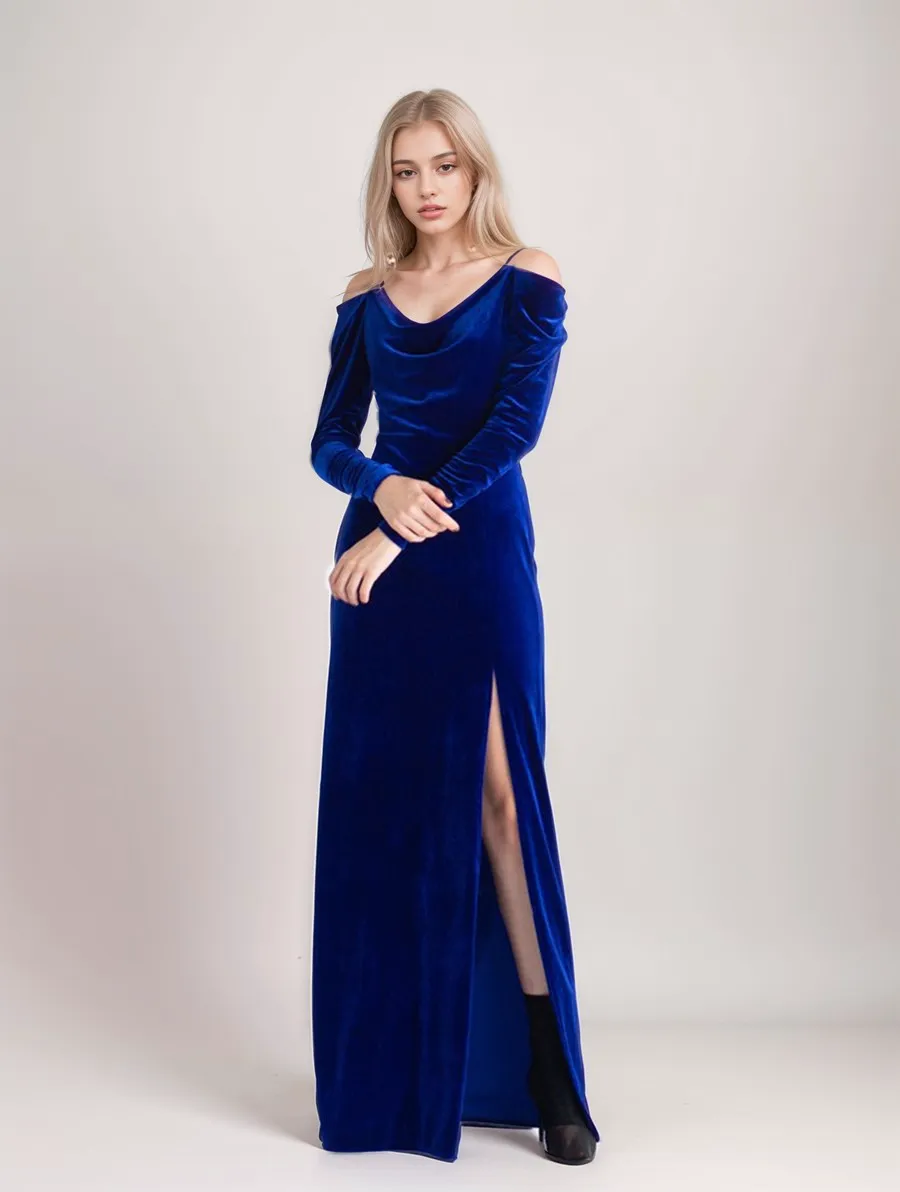 Off-the-Shoulder Long Sleeves Sheath Velvet Prom Dress with Side Slit