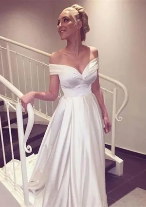 Off the Shoulder White Satin Court Train Bridal Wedding Dress