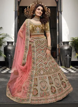 Olive Green and Pink Multi Embroidered Wedding Lehenga Choli