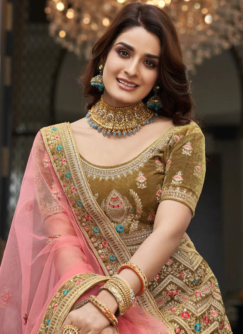 Olive Green and Pink Multi Embroidered Wedding Lehenga Choli
