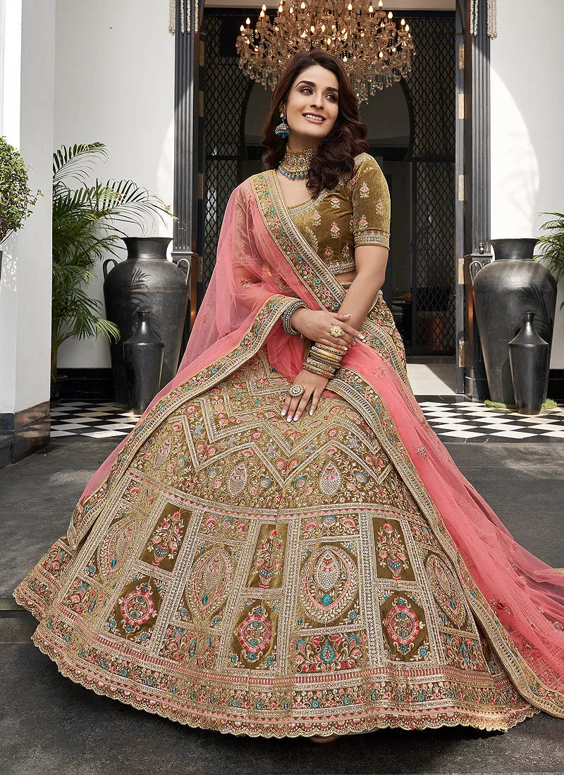 Olive Green and Pink Multi Embroidered Wedding Lehenga Choli