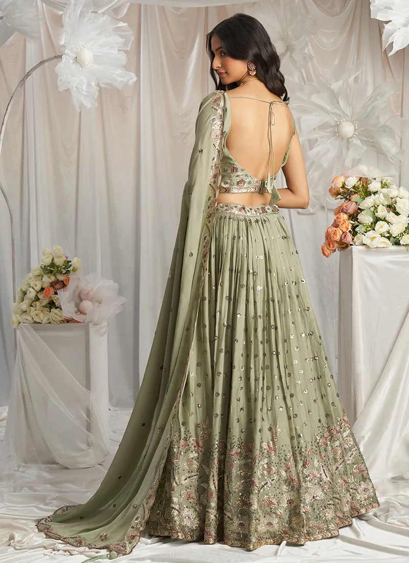 Olive Green Multi Embroidery Bridal Lehenga Choli