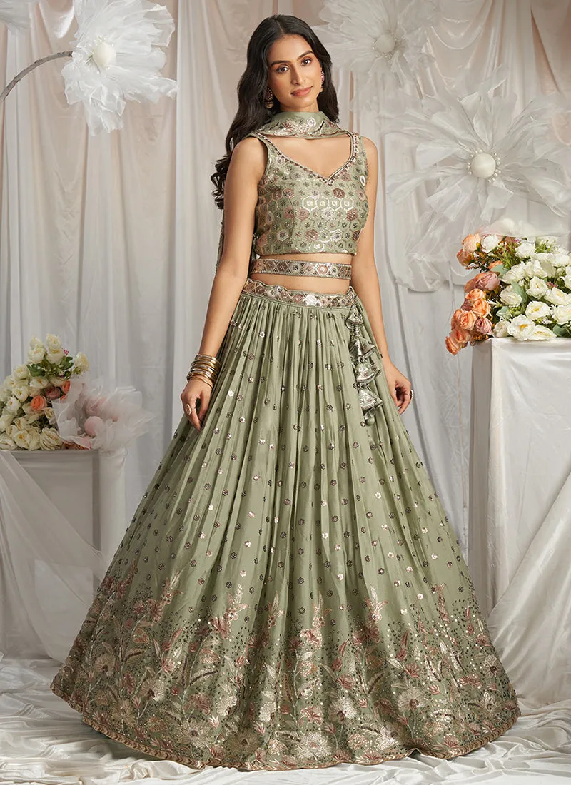 Olive Green Multi Embroidery Bridal Lehenga Choli