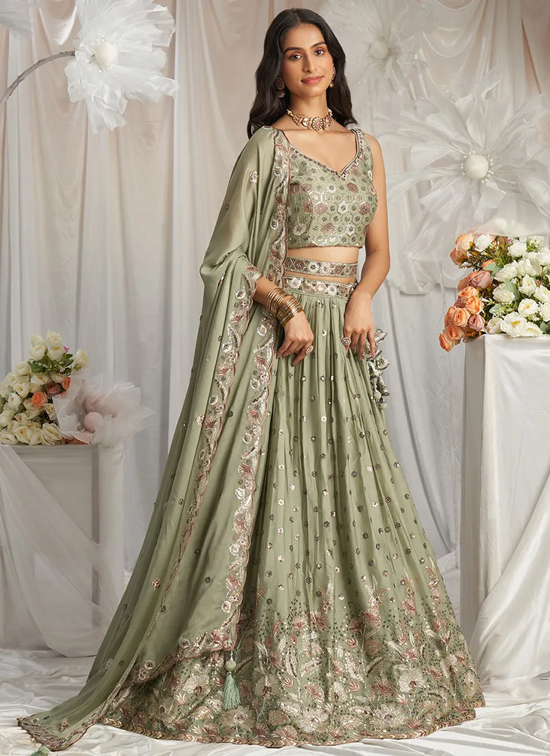 Olive Green Multi Embroidery Bridal Lehenga Choli