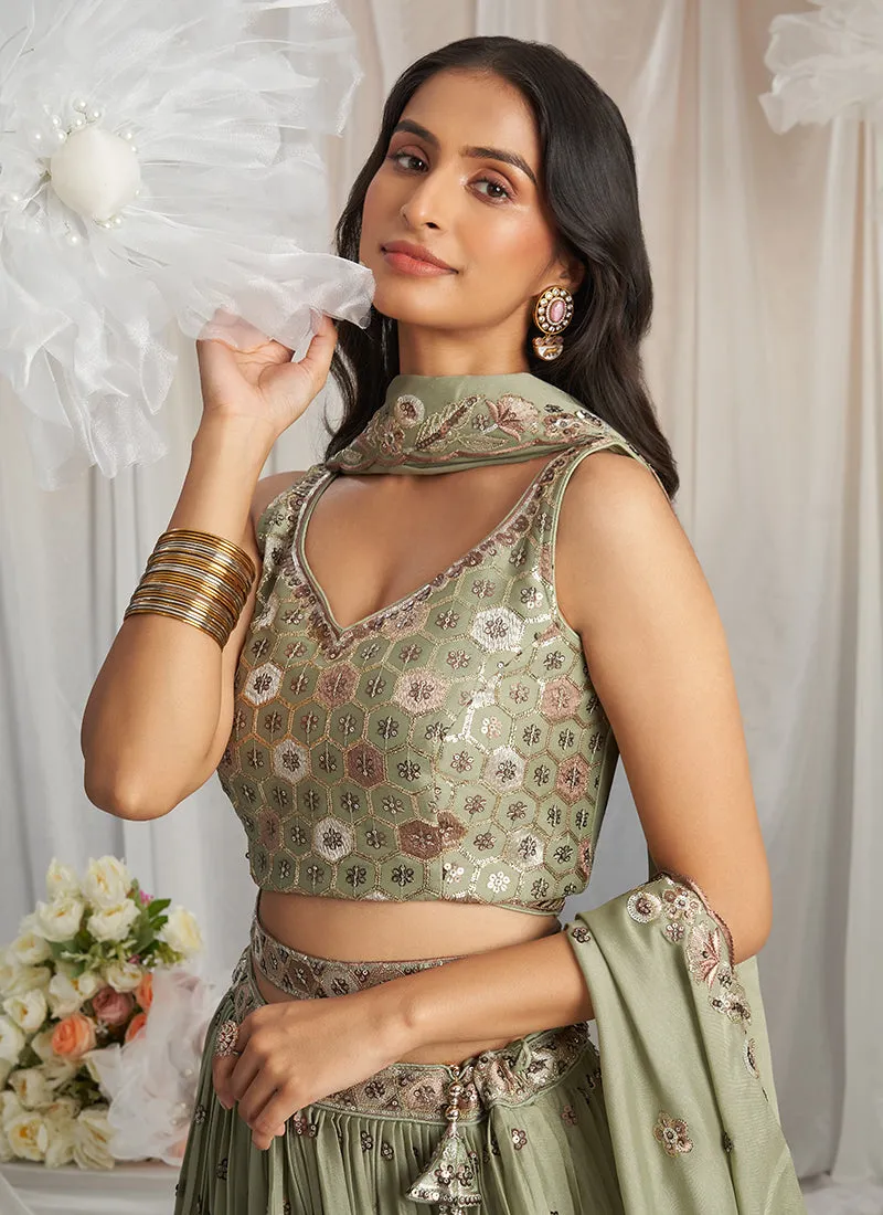 Olive Green Multi Embroidery Bridal Lehenga Choli