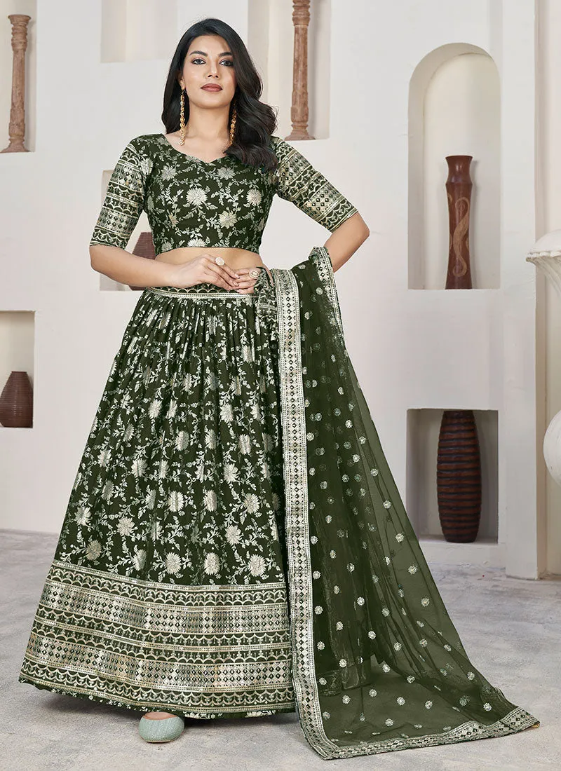 Olive Green Sequence Embroidery Jacquard Lehenga Choli