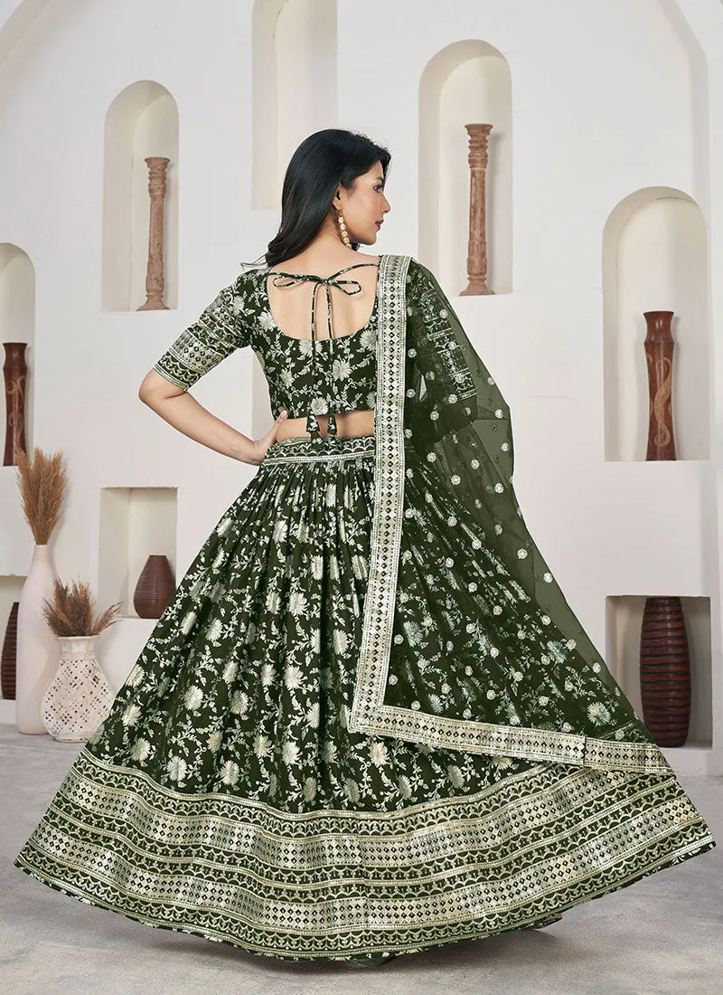 Olive Green Sequence Embroidery Jacquard Lehenga Choli