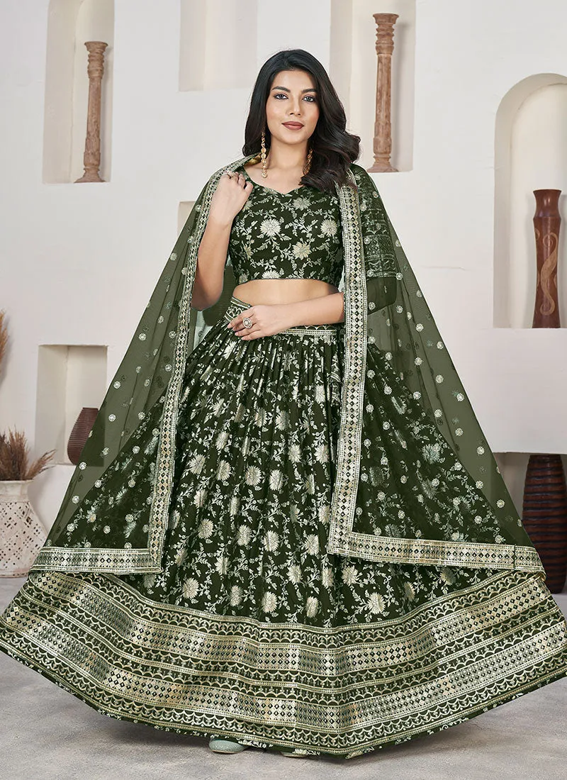 Olive Green Sequence Embroidery Jacquard Lehenga Choli