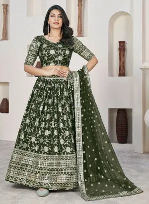 Olive Green Sequence Embroidery Jacquard Lehenga Choli
