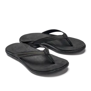 OluKai Womens 'Aukai Leather Sandals - Black / Black
