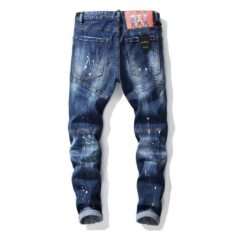 Paint Splashed Men's Ripped Jeans Mid Waisted Pencil Pants