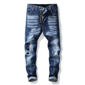 Paint Splashed Men's Ripped Jeans Mid Waisted Pencil Pants