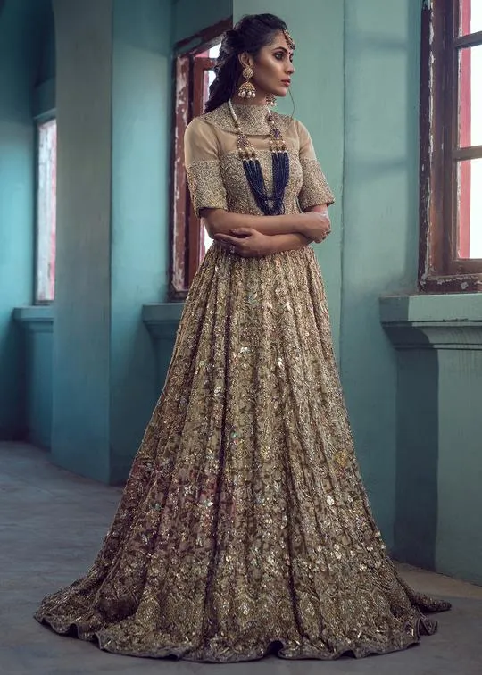 Pakistani Bridal Lehenga Dress in Rich Gold Color #BS31
