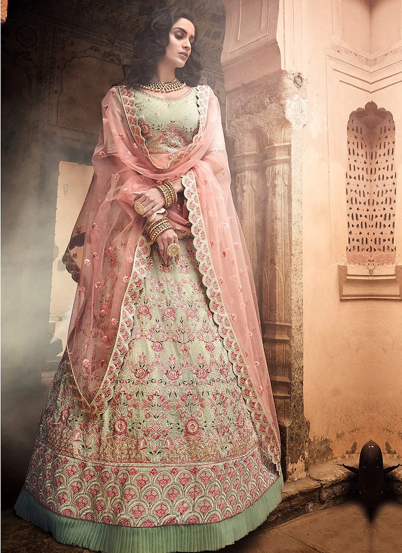 Peach And Green Designers Wedding Lehenga Choli