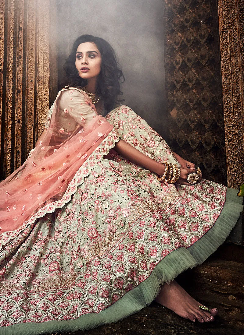 Peach And Green Designers Wedding Lehenga Choli