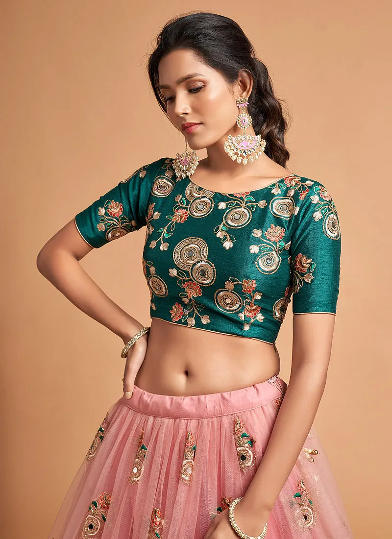 Peach And Green Multi Embroidered Designer Lehenga Choli