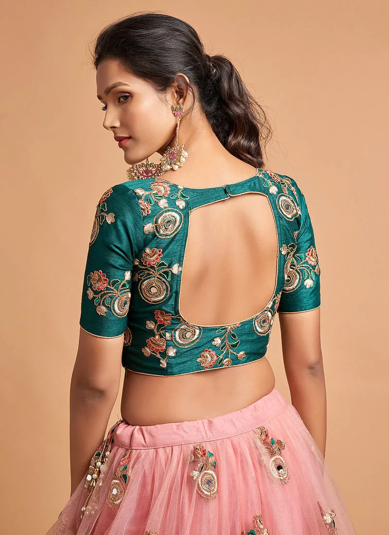 Peach And Green Multi Embroidered Designer Lehenga Choli
