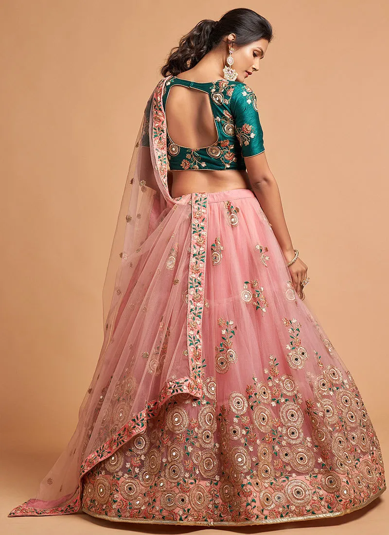 Peach And Green Multi Embroidered Designer Lehenga Choli