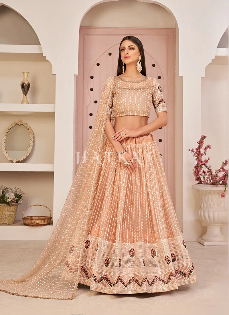 Peach Embroidered Partywear Lehenga Choli