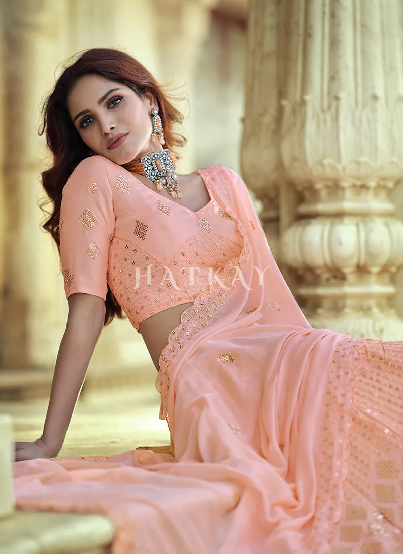 Peach Sequence Embroidered Wedding Lehenga Choli