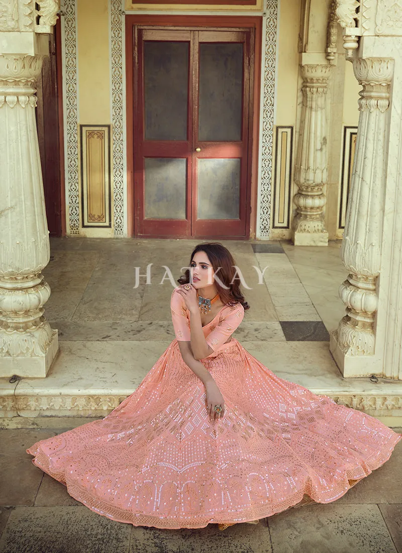 Peach Sequence Embroidered Wedding Lehenga Choli
