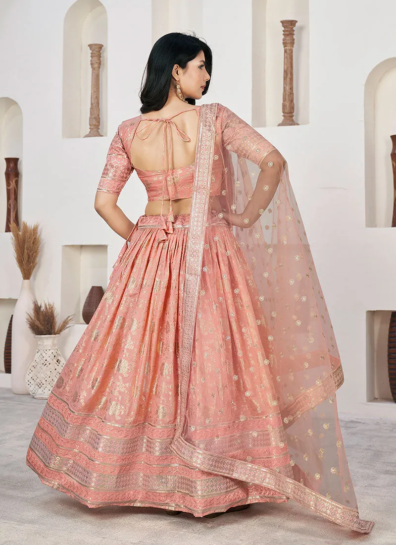 Peach Sequence Embroidery Jacquard Lehenga Choli
