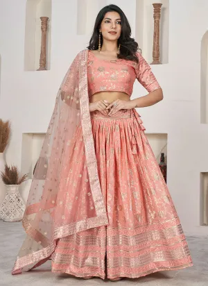 Peach Sequence Embroidery Jacquard Lehenga Choli