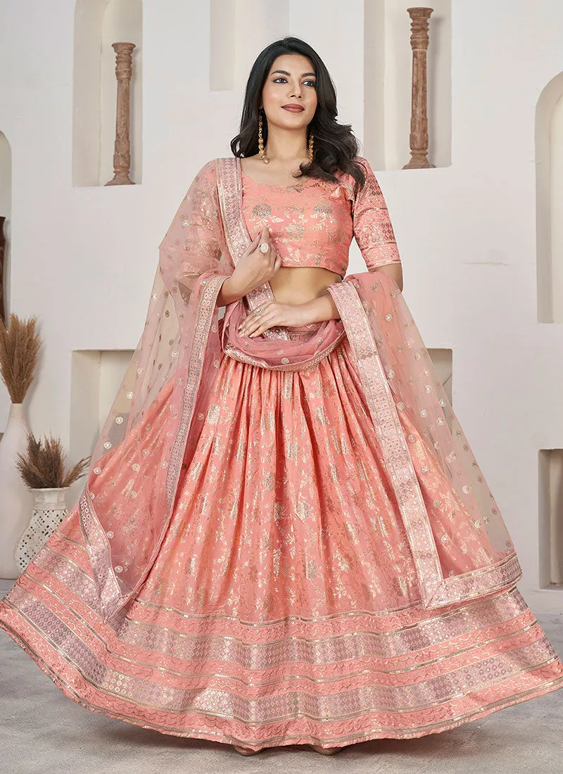 Peach Sequence Embroidery Jacquard Lehenga Choli