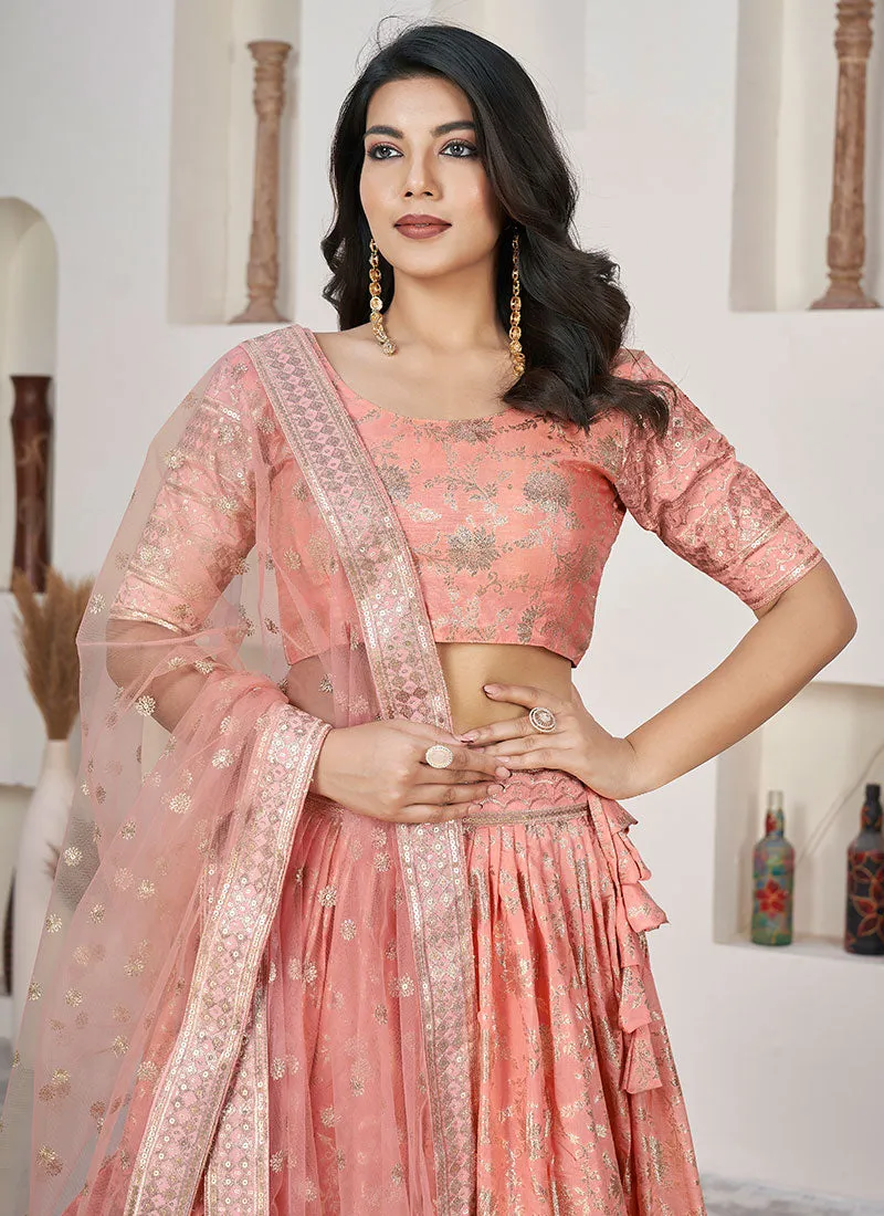 Peach Sequence Embroidery Jacquard Lehenga Choli