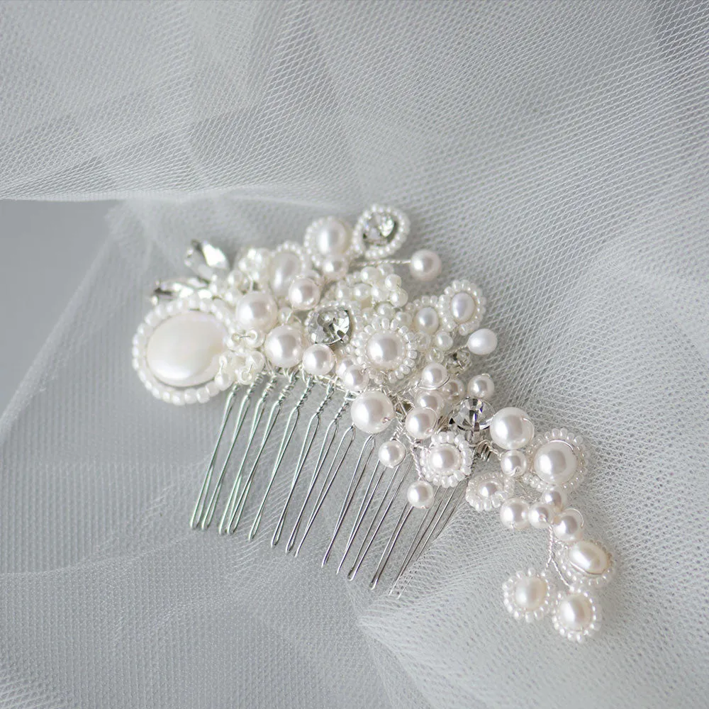 Pearl Jungle - Pearls Cluster with Coin Pearl Bridal Headpiece, Handmade Hair Comb
