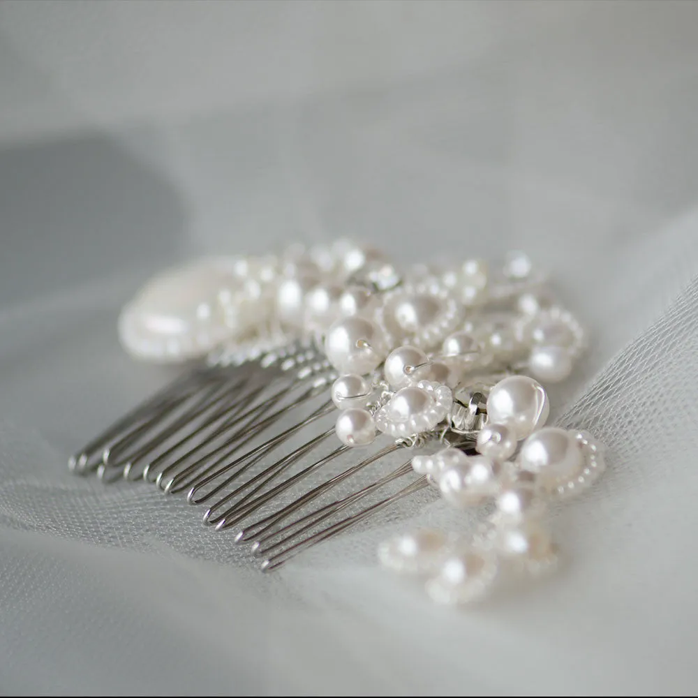 Pearl Jungle - Pearls Cluster with Coin Pearl Bridal Headpiece, Handmade Hair Comb