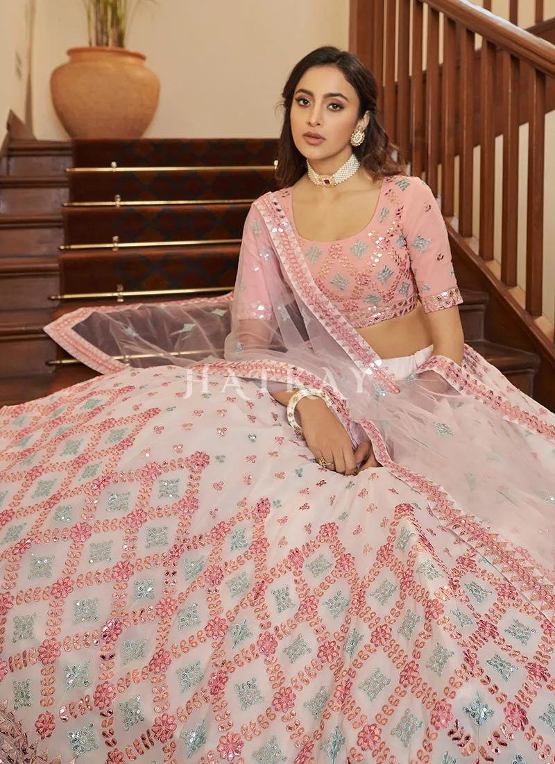 Pearl White And Pink Embroidered Wedding Lehenga Choli