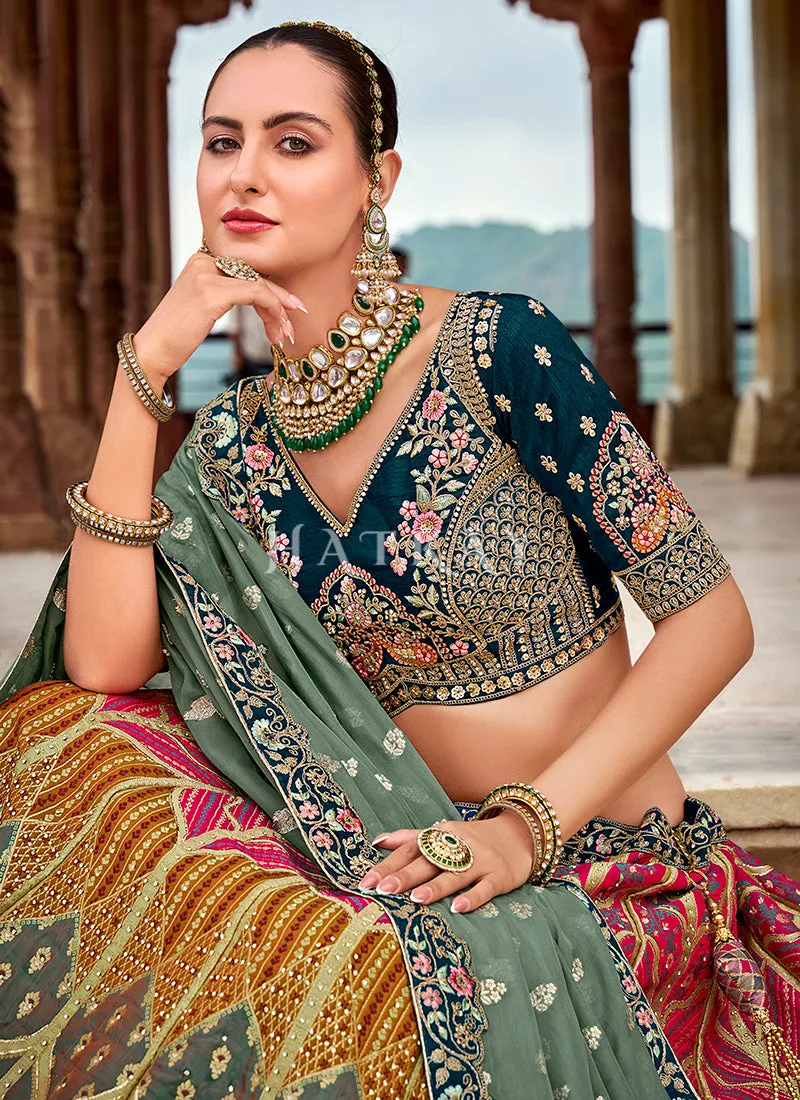 Pink And Blue Embroidery Silk Lehenga Choli