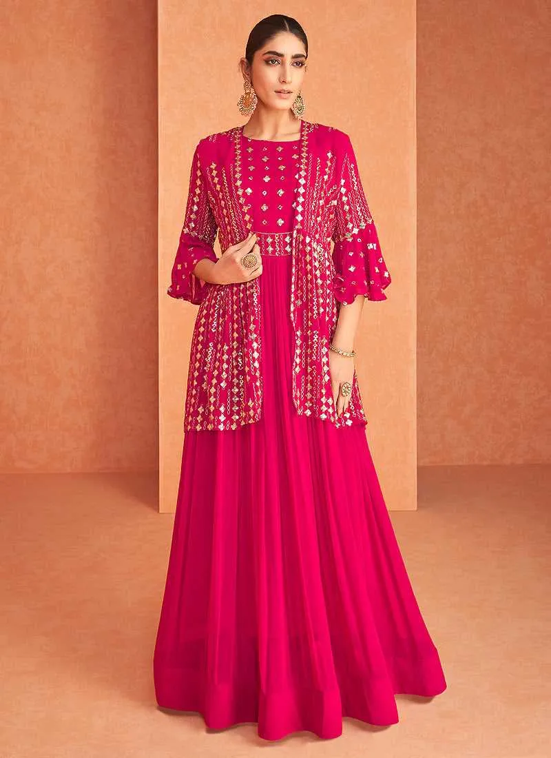 Pink and Gold Embroidered Jacket Style Anarkali Suit