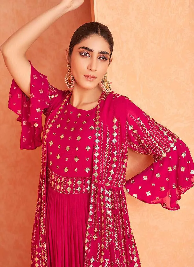 Pink and Gold Embroidered Jacket Style Anarkali Suit