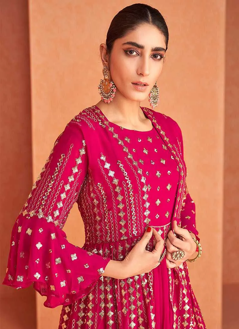 Pink and Gold Embroidered Jacket Style Anarkali Suit