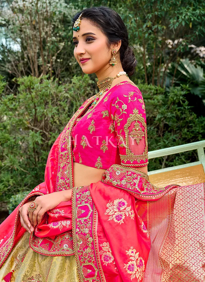 Pink And Golden Embroidered Silk Wedding Lehenga Choli