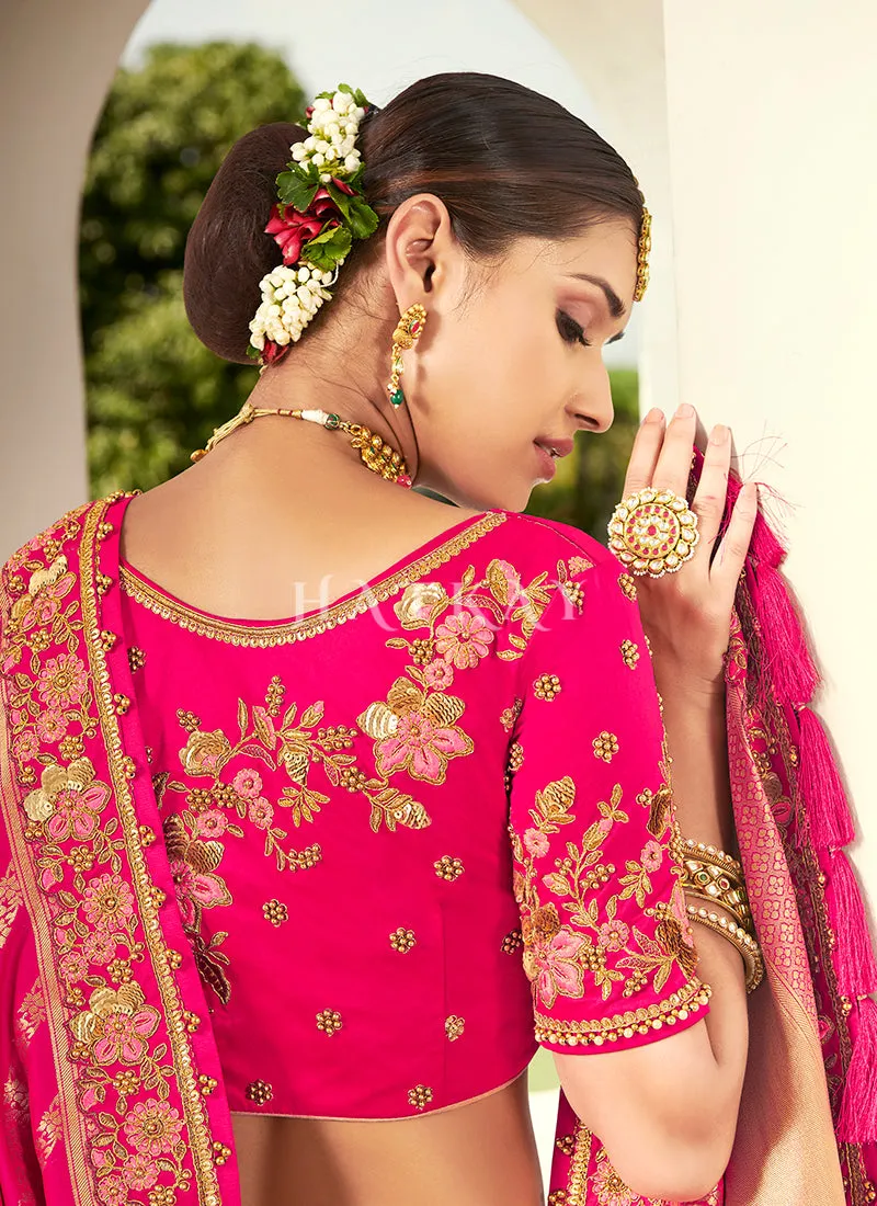 Pink Golden Embroidered Silk Wedding Lehenga Choli