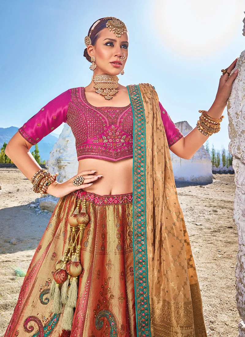 Pink Golden Embroidery Wedding Lehenga Choli