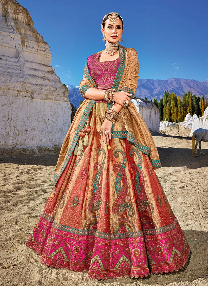Pink Golden Embroidery Wedding Lehenga Choli