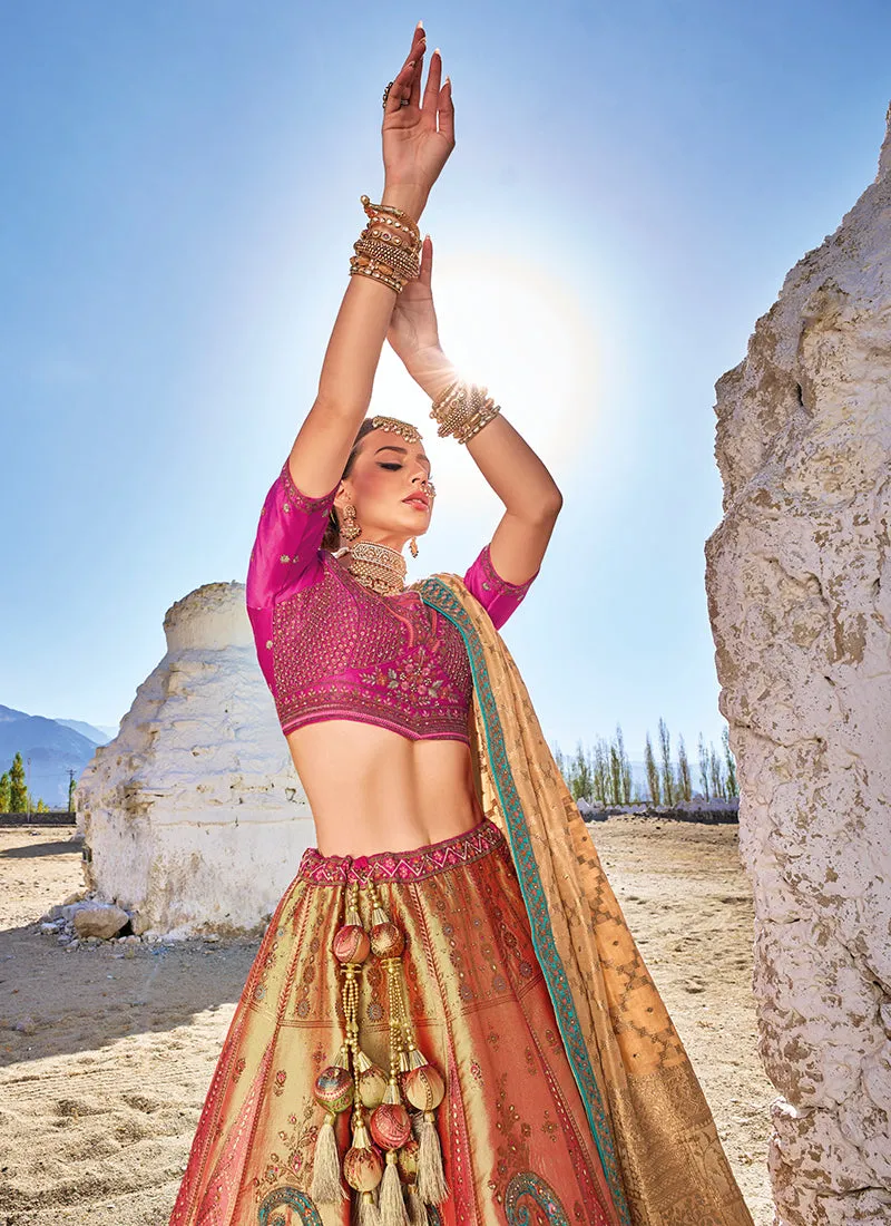 Pink Golden Embroidery Wedding Lehenga Choli