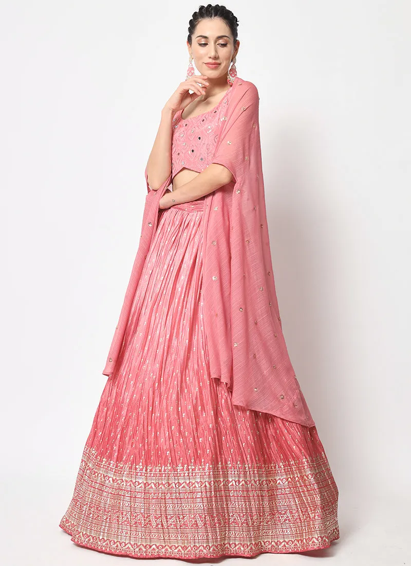 Pink Ombré Sequence Embroidery Silk Lehenga Choli