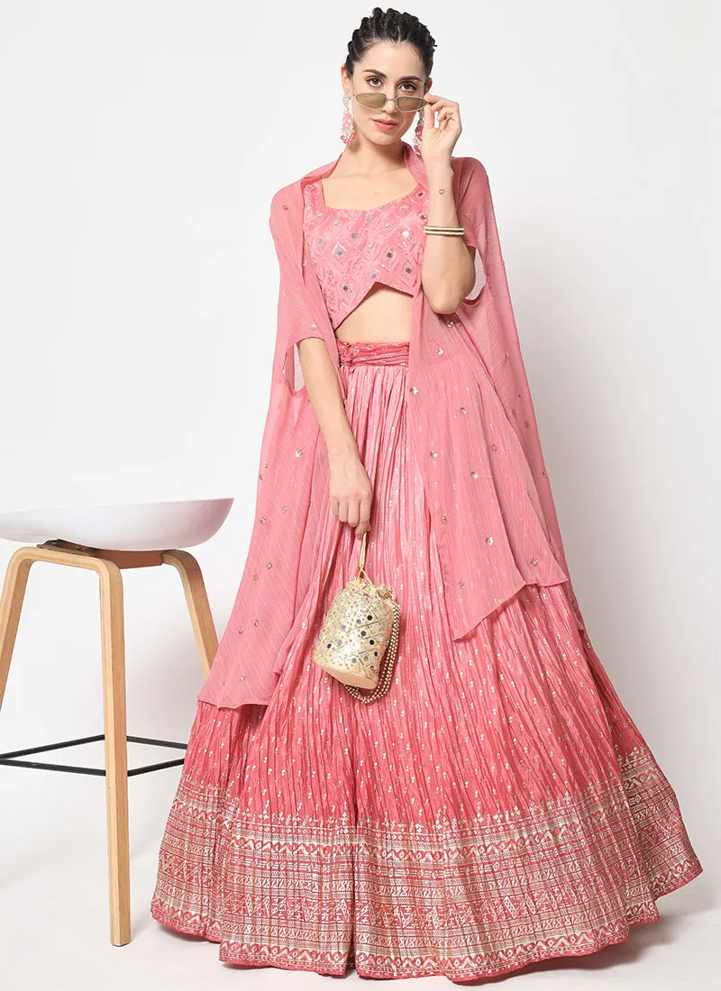 Pink Ombré Sequence Embroidery Silk Lehenga Choli