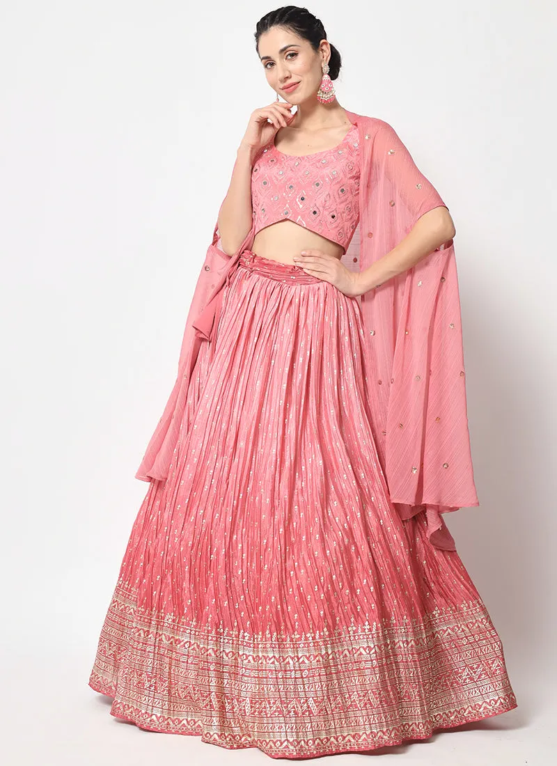 Pink Ombré Sequence Embroidery Silk Lehenga Choli